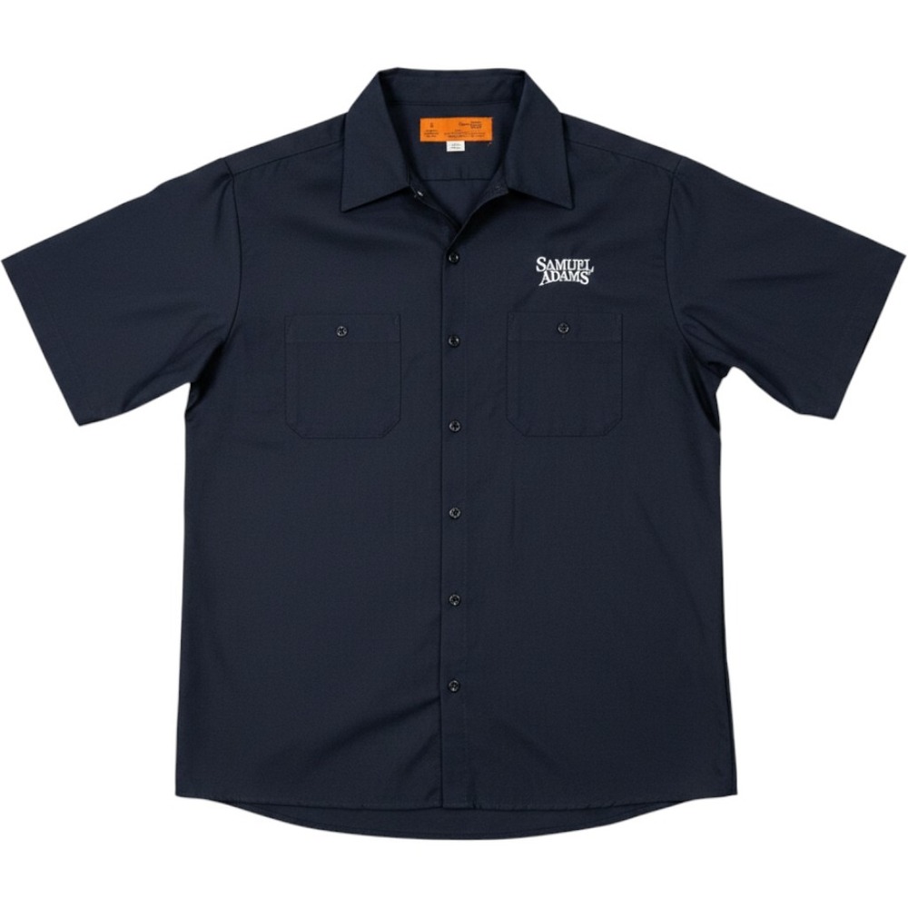 Samuel Adams Bayside Men's Large Navy Short Sleeve Work Shirt Button Front USA